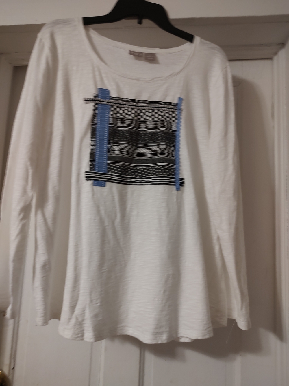 Chico's White Long Sleeve Top with Black Pattern and Blue Accent